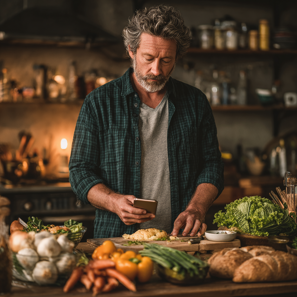 Mature man in his late 40s cooking a healthy meal in his kitchen, following a recipe on his smartphone app, surrounded by fresh vegetables
