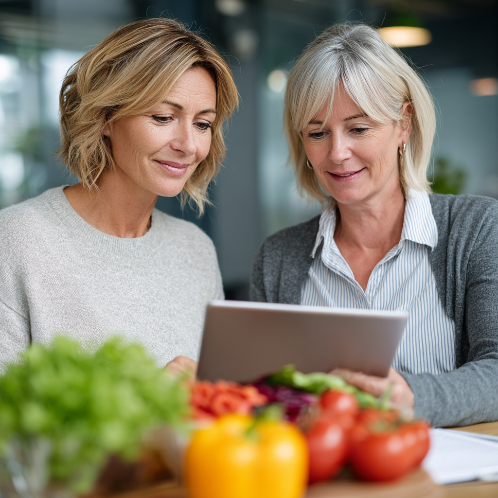 Professional nutritionist in her 50s consulting with a client, showing healthy meal plans on a tablet in a bright office