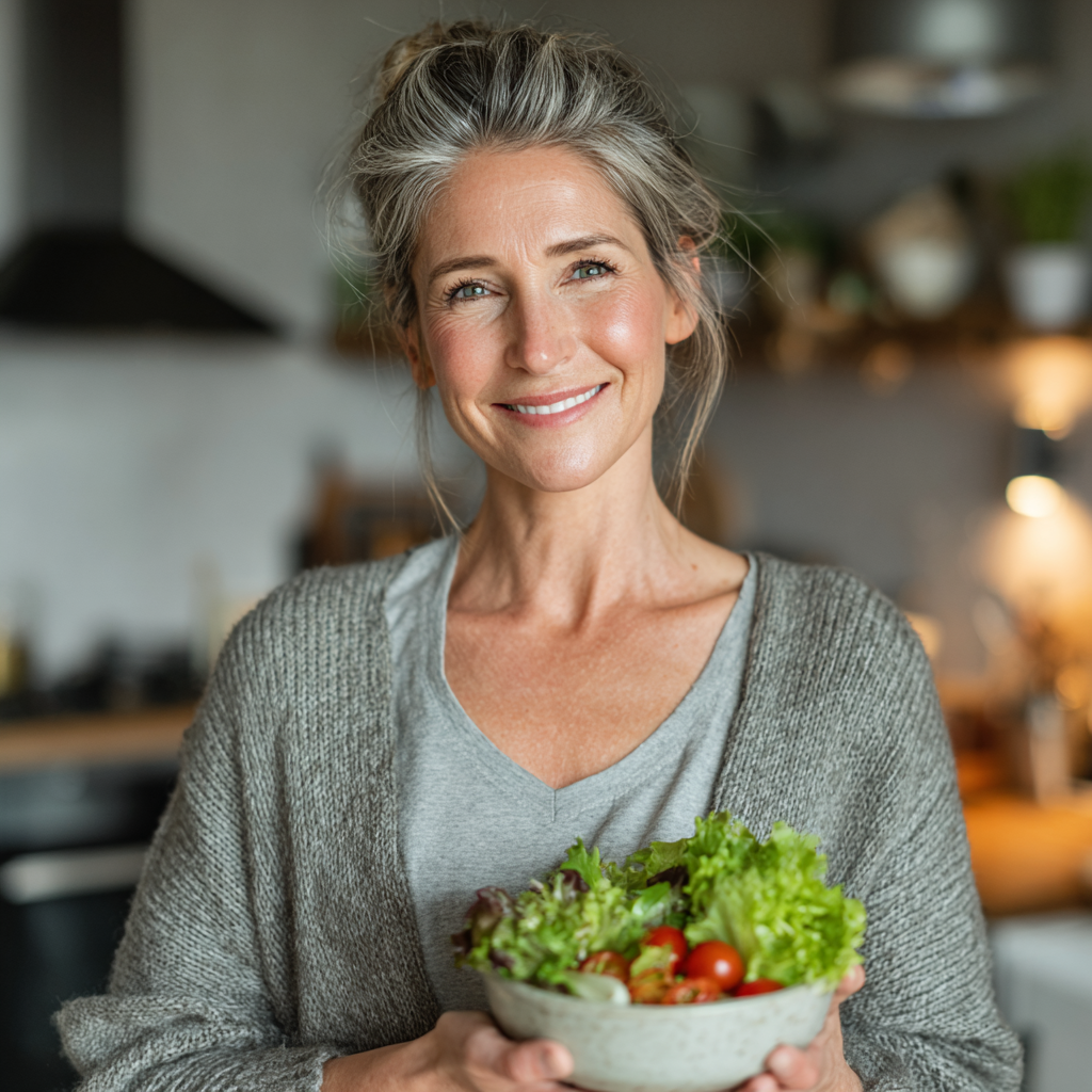 Smiling woman in her 40s holding a bowl of fresh colorful salad in a modern kitchen setting